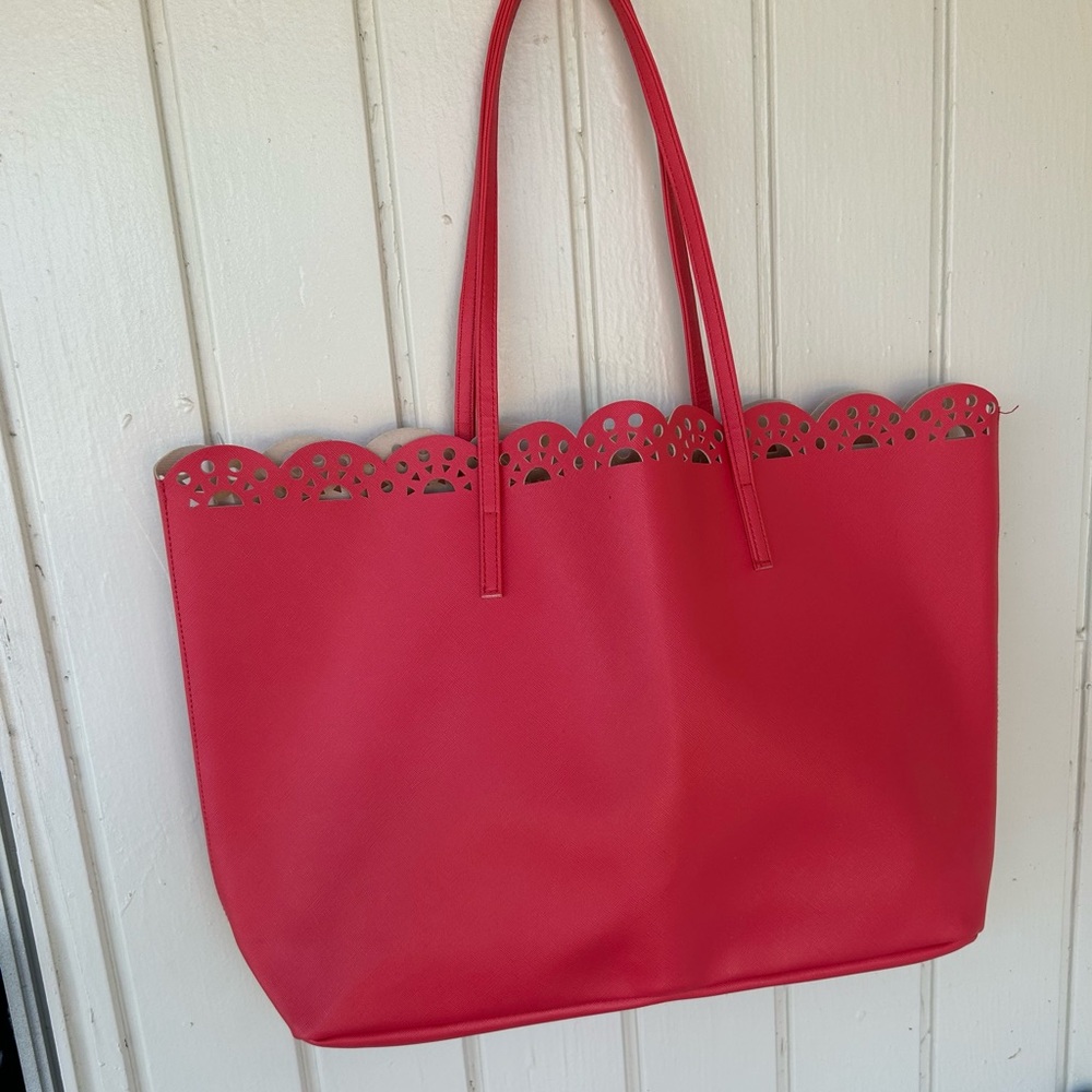 MACYS Vibrant Red Tote Bag with Black Intricate Cut-Out Design